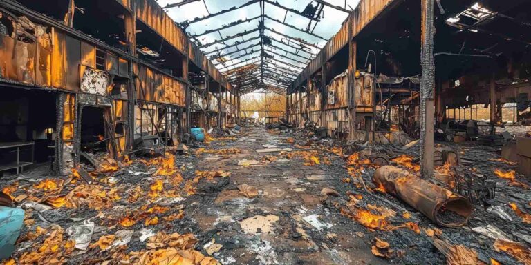 Commercial fire damage inside industrial building requiring emergency fire cleanup and structural restoration by Paul Davis Restoration of Bakersfield