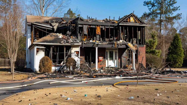Severe residential fire damage to two-story home requiring emergency fire damage cleanup and reconstruction services by Paul Davis Restoration of Bakersfield